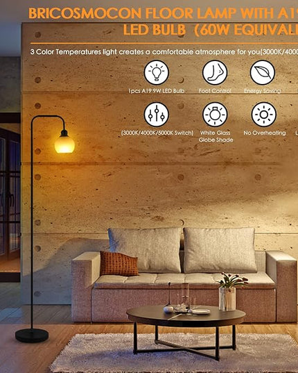 Modern Floor Lamp for Living Room, Black, with 3 Color Temperatures LED Bulb, Industrial Design, 63.2 in H, White Glass Shade, E26 9W A19 LED Bulb Included - LeafyLoom