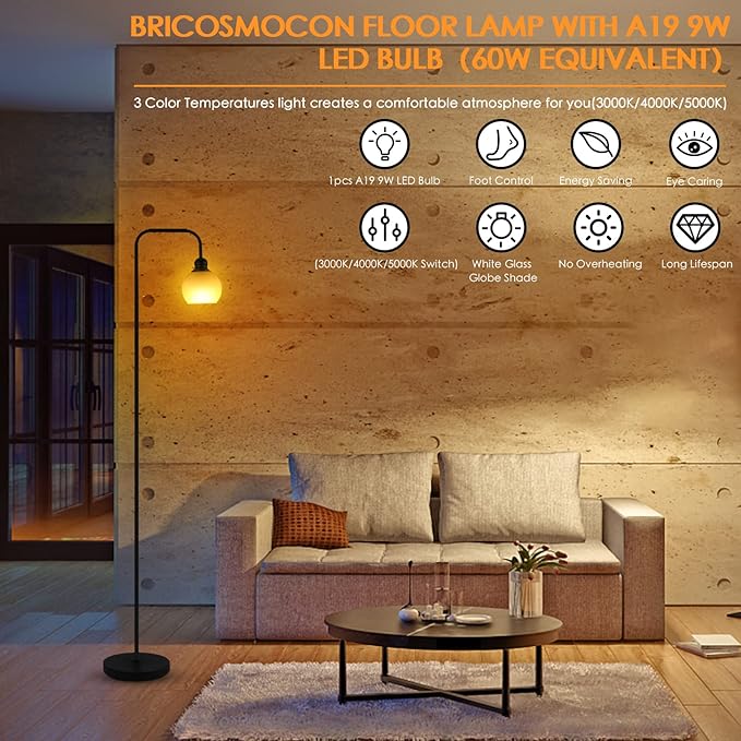 Modern Floor Lamp for Living Room, Black, with 3 Color Temperatures LED Bulb, Industrial Design, 63.2 in H, White Glass Shade, E26 9W A19 LED Bulb Included - LeafyLoom