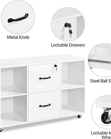 Yaheetech White File Cabinet Mobile Letter Size File Cabinet with 2 Drawers and 4 Open Storage Shelves Large Mobile Lateral Filing Cabinet Printer Stand for Home and Office - LeafyLoom