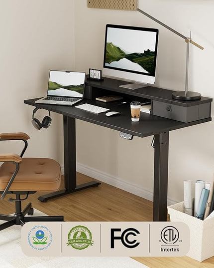 55 x 24 Inches Electric Standing Desk with 2 Storage Drawers, Stand Up Desk Adjustable Height, Sit and Stand Computer Table with Splice Board, Black - LeafyLoom