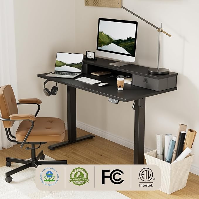55 x 24 Inches Electric Standing Desk with 2 Storage Drawers, Stand Up Desk Adjustable Height, Sit and Stand Computer Table with Splice Board, Black - LeafyLoom