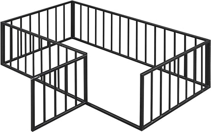 RITSU Twin Size Metal Floor Fence Bed, Montessori Bedframe, with Safety Guardrail and Door, for Children Bedroom, Boys Girls, Apartment, Strong & Durable, Easy to Assemble, Black - LeafyLoom