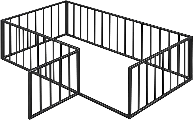 RITSU Twin Size Metal Floor Fence Bed, Montessori Bedframe, with Safety Guardrail and Door, for Children Bedroom, Boys Girls, Apartment, Strong & Durable, Easy to Assemble, Black - LeafyLoom