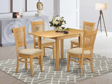 East West Furniture Norden 5 Piece Kitchen Set includes a Rectangle Dining Room Table with Dropleaf and 4 Linen Fabric Upholstered Chairs, 30x48 Inch, Oak - LeafyLoom