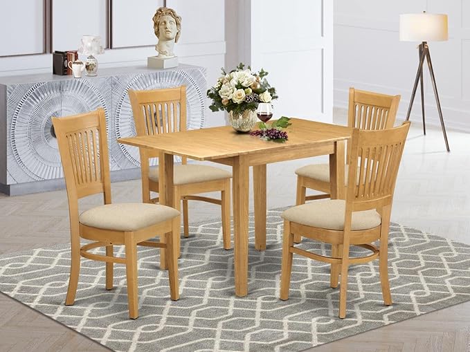 East West Furniture Norden 5 Piece Kitchen Set includes a Rectangle Dining Room Table with Dropleaf and 4 Linen Fabric Upholstered Chairs, 30x48 Inch, Oak - LeafyLoom