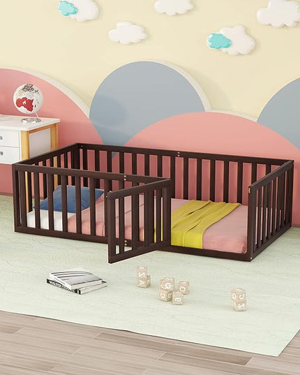 Multifunctional Twin Size Floor Bed with Safety Guardrails and Door, Montessori Sturdy Solid Wood Beds Frame, Easy Assembly and No Spring Need, for Boys and Girls Room, Walnut - LeafyLoom