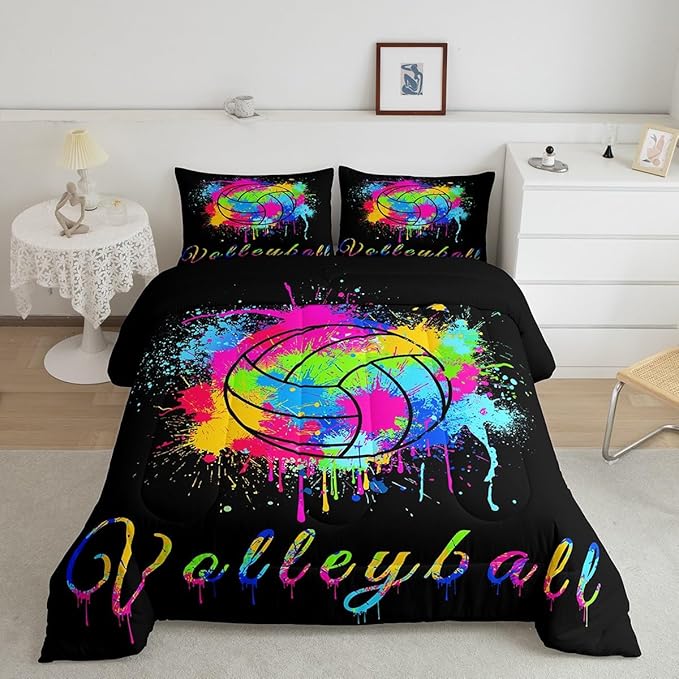 Kids Volleyball Comforter Set Full Size Sports Game Bedding Set for Boys Girls Teens Bedroom Decor Tie Dye Comforter Women Men Volleyball Player Duvet Set with 2 Pillow Case - LeafyLoom