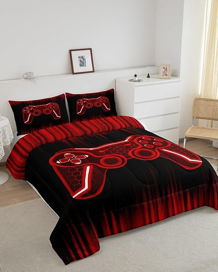 Feelyou Gamer Comforter Set King Size Kids Game Controller Comforter for Boys Teens Red Black Bedding Set Gaming Duvet Set Room Decor Quilt Set - LeafyLoom
