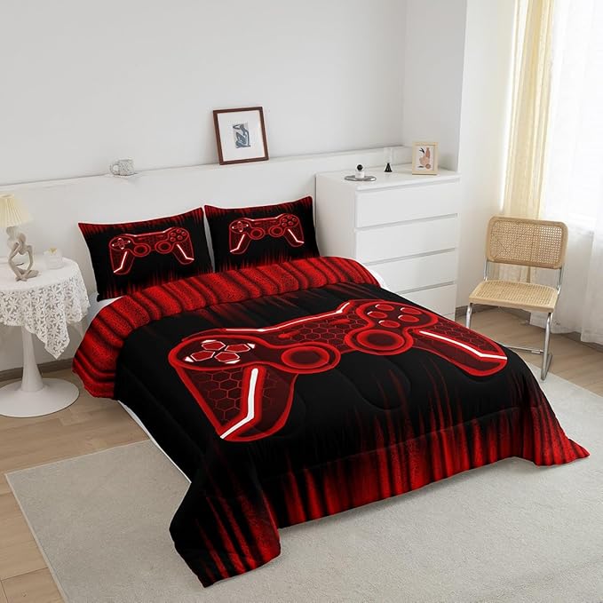 Feelyou Gamer Comforter Set King Size Kids Game Controller Comforter for Boys Teens Red Black Bedding Set Gaming Duvet Set Room Decor Quilt Set - LeafyLoom