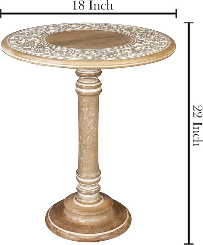 Round End Table,Small Table,Side Table, Side Tables Living Room,End Table,Round Side Table,Altar Table, Carved Side Table,Wood Accent Table,Carved Wood Table Single Pillar 18x22 inch White Wash - LeafyLoom
