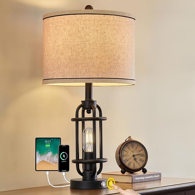 Industrial Black Metal Table Lamps Living Room 23.75'' Lamp for Nightstand Single Bedside End Lamp Home Decor Touch Lamp Modern Lamps with USB Ports - LeafyLoom