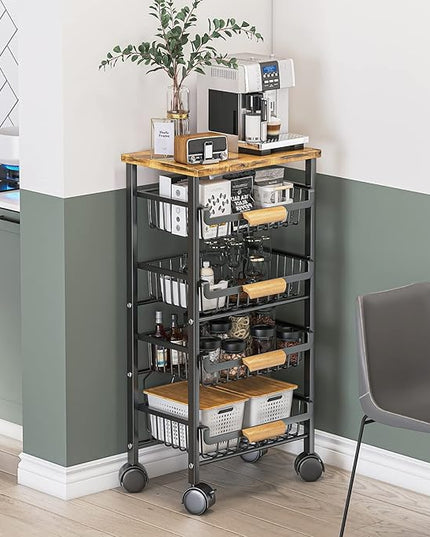 Wisdom Star 5 Tier Fruit Basket for Kitchen, Vegetable Storage Cart with Wooden Tabletop, Vegetable Basket Bins for Onions and Potatoes, Wire Storage Basket Organizer Utility Cart with Wheels, Black - LeafyLoom