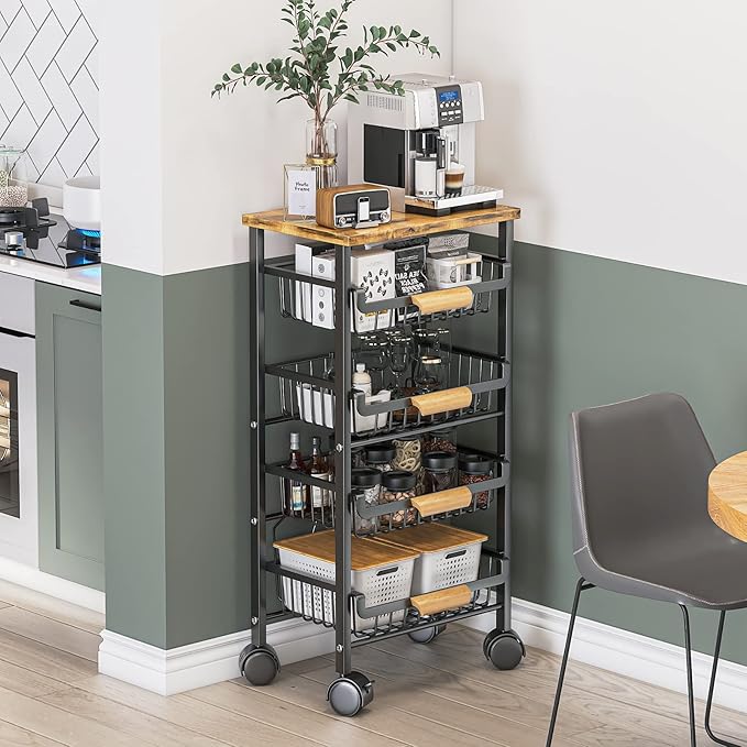 Wisdom Star 5 Tier Fruit Basket for Kitchen, Vegetable Storage Cart with Wooden Tabletop, Vegetable Basket Bins for Onions and Potatoes, Wire Storage Basket Organizer Utility Cart with Wheels, Black - LeafyLoom