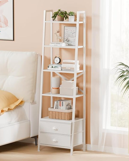 Furologee 5-Tier Ladder Shelf with 2 Drawers,Narrow Bookshelf Storage Shelves,Industrial Bookcase Freestanding Shelf Units for Bedroom,Living Room,Bathroom,Home Office,Balcony,Wood Metal, White - LeafyLoom
