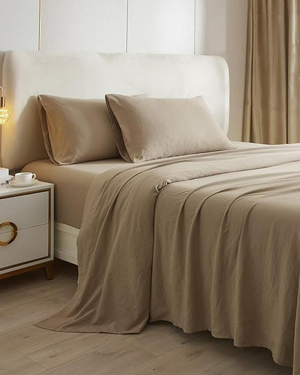 HighBuy Twin Bed Sheets Set - 3 Piece Bedding - Khaki Washed Microfiber Sheets Twin,Breathable Sheets Shrinkage and Fade Resistant - Deep Pocket 16 Inch - Easy Fit Fitted Sheet,Pillowcases Set - LeafyLoom
