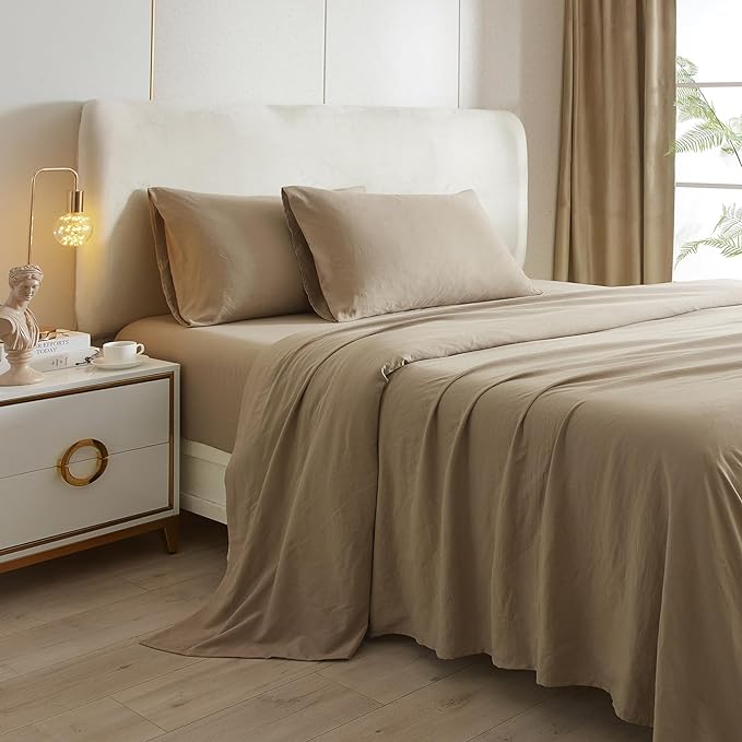 HighBuy Twin Bed Sheets Set - 3 Piece Bedding - Khaki Washed Microfiber Sheets Twin,Breathable Sheets Shrinkage and Fade Resistant - Deep Pocket 16 Inch - Easy Fit Fitted Sheet,Pillowcases Set - LeafyLoom