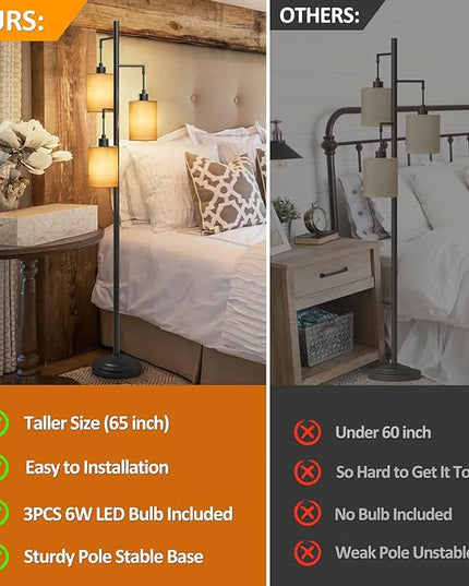 3-Lights Boho Floor Lamps with ON/OFF Foot Switch Tree Standing Lamp with Hanging Lampshades Farmhouse Floor Lamp Tall Pole Lamp for Living Room Bedroom Office, 3 PCS 6W Bulbs Included - LeafyLoom