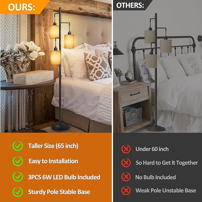 3-Lights Boho Floor Lamps with ON/OFF Foot Switch Tree Standing Lamp with Hanging Lampshades Farmhouse Floor Lamp Tall Pole Lamp for Living Room Bedroom Office, 3 PCS 6W Bulbs Included - LeafyLoom