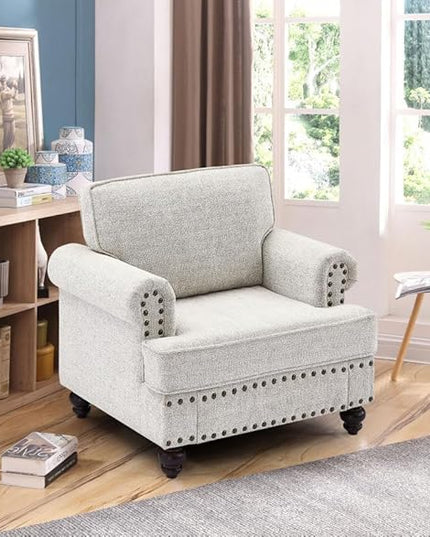 Upholstered Chenille Single Sofa Chair with Rolled Armrest,Modern Armchairs with Wood Turned Legs and Nailhead Trim Design, for Living Room,Bedroom and Office, White, 37" W - LeafyLoom