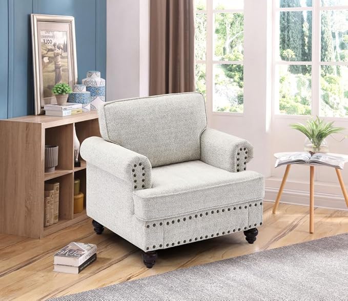 Upholstered Chenille Single Sofa Chair with Rolled Armrest,Modern Armchairs with Wood Turned Legs and Nailhead Trim Design, for Living Room,Bedroom and Office, White, 37" W - LeafyLoom