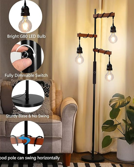 Dimmable Industrial Floor Lamp,Modern Farmhouse Tree Standing Lamp,68 Inch 3-Light Wood Tall Vintage Pole Lamps for Living Room Bedroom Office Rustic Home Decor - LeafyLoom