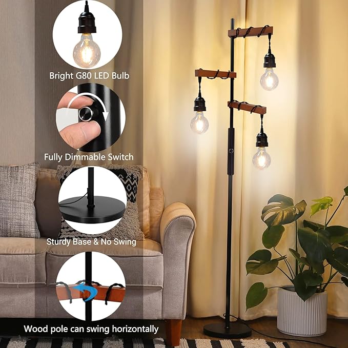 Dimmable Industrial Floor Lamp,Modern Farmhouse Tree Standing Lamp,68 Inch 3-Light Wood Tall Vintage Pole Lamps for Living Room Bedroom Office Rustic Home Decor - LeafyLoom