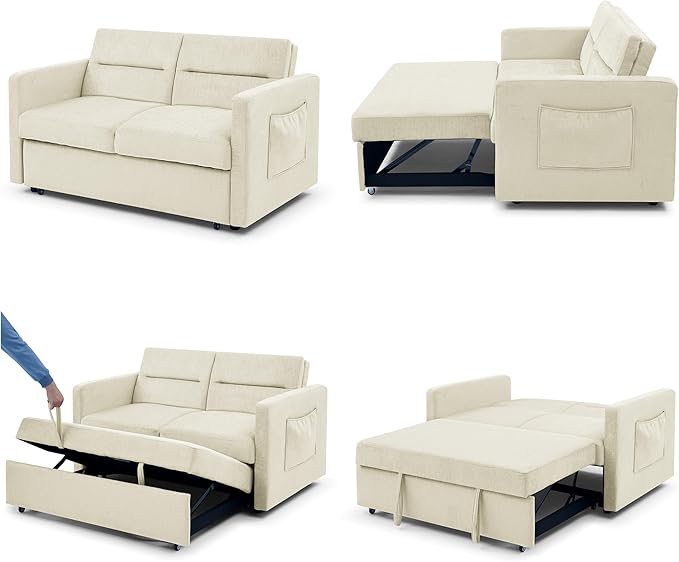 3 in 1 Sleeper Sofa Bed,Contemporary Minimalist Style 2 Seater Loveseat Convertible Sofa&Couch with Pull Out Sofabed and Side Storage Pockets for Home,Office,Apartment,RV Living Room Furniture - LeafyLoom