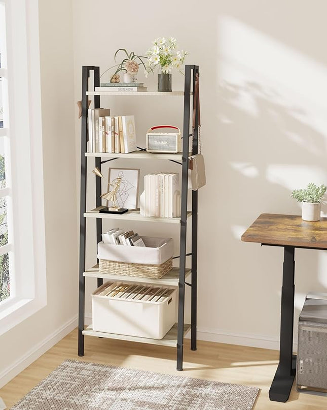 Ladder Shelf, Bookshelf Bookcase, Freestanding Corner Storage Shelve with 2 Hooks for Home Office, Living Room, Kitchen, Bedroom, Industrial, 5-Tier Greige BC19305B - LeafyLoom