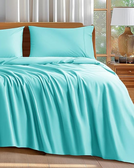 Shilucheng 100% Cotton Queen Size Sheets Set - 600 Thread Count，Luxury Egyptian Cotton Bed Sheets，5-Star Hotel Quality Sheets, Breathable & Cooling, 16 Inch Deep Pocket - 4 Piece (Seafoam, Queen) - LeafyLoom