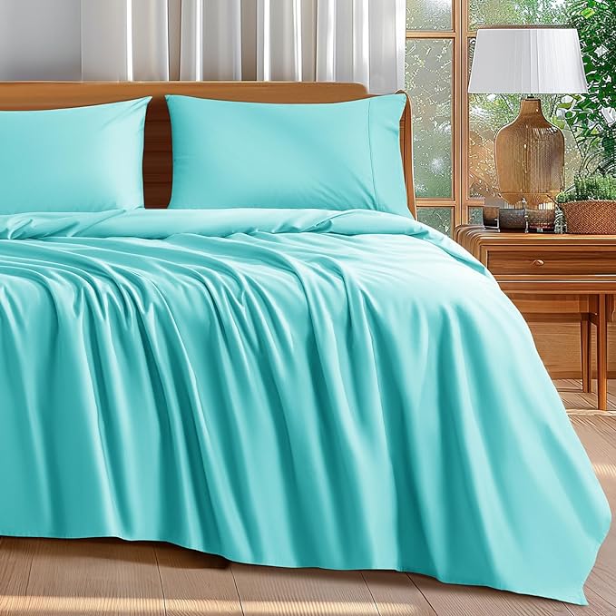 Shilucheng 100% Cotton Queen Size Sheets Set - 600 Thread Count，Luxury Egyptian Cotton Bed Sheets，5-Star Hotel Quality Sheets, Breathable & Cooling, 16 Inch Deep Pocket - 4 Piece (Seafoam, Queen) - LeafyLoom