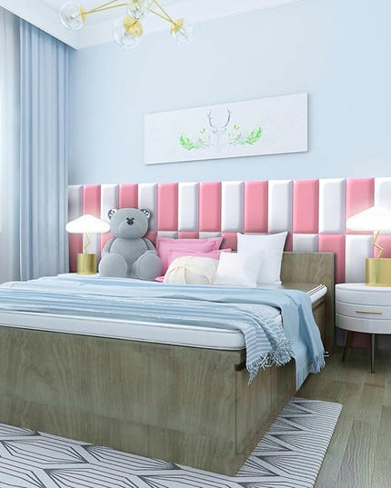 Peel and Stick Headboard Pink Upholstered Wall Panels, 4 Panels Sized 7.8" x 15.7", 3D Anti-Collision Soundproof Self-Adhesive Wall Panel for Bedroom，Living Room - LeafyLoom