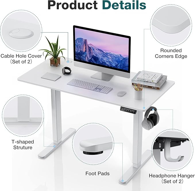 Sweetcrispy Electric Standing Desk, 48 x 24in Adjustable Height Electric Stand up Desk Standing Computer Desk Home Office Desk Ergonomic Workstation with 3 Memory Controller, White - LeafyLoom