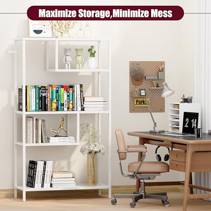 HOME BI Geometric Bookshelf, Tall Modern Etagere Bookcase, Industrial Metal Book Shelf with 5 Open Display Shelves for Office Living Room, White - LeafyLoom