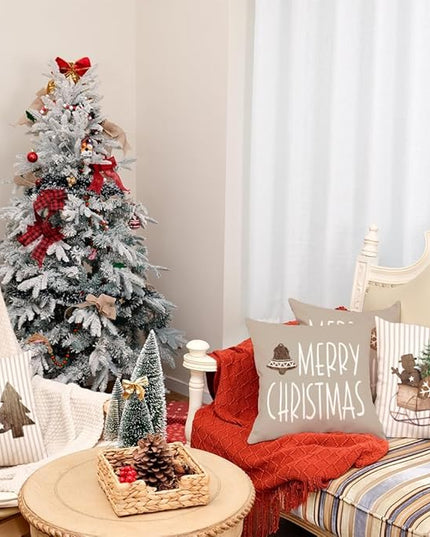 GEEORY Christmas Pillow Covers 20 x 20 Inch Set of 4, Striped Wooden Tree Snow Sleigh Merry Bright Xmas Holiday Decor Decorative Throw Cushion Case Decoration for Home Party Sofa Couch (Brown) GEEORY