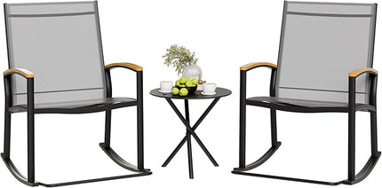 Shintenchi 3 Piece Outdoor Rocking Bistro Set, Textilene Fabric Small Patio Furniture Set, Front Porch Rocker Chairs Conversation Set with Table for Lawn, Garden, Balcony, Poolside (Light Gray) - LeafyLoom