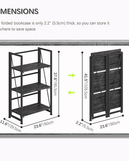 4NM No-Assembly Folding Bookshelf Storage Shelves 3 Tiers Vintage Bookcase Standing Racks Study Organizer Home Office (Gray and Black) - LeafyLoom