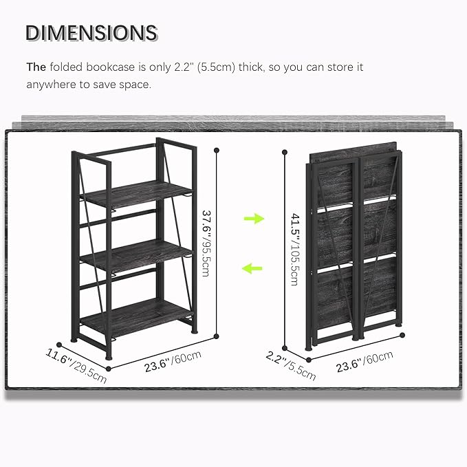 4NM No-Assembly Folding Bookshelf Storage Shelves 3 Tiers Vintage Bookcase Standing Racks Study Organizer Home Office (Gray and Black) - LeafyLoom