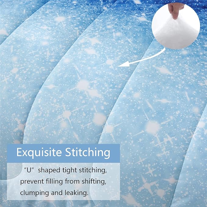 Blue Glitter Comforter Set Full/Queen Size for Boys Girls, Sparkle Galaxy Twinkle Starlight Kids Teen, 3 Piece Aqua Navy Ombre Bedding with 2 Pillow Cases(Blue,Queen), Queen(3-Piece) - LeafyLoom