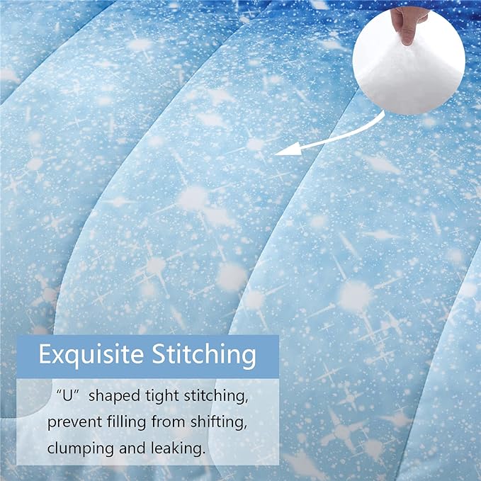 Blue Glitter Comforter Set Twin Size for Boys Girls, Sparkle Galaxy Twinkle Starlight Comforter for Kids Teen, 2 Piece Aqua Blue Navy Ombre Bedding Set with 1 Pillow Case(Blue,Twin) - LeafyLoom