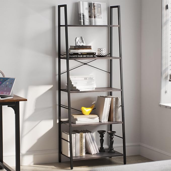 Yusong Bookshelf, Ladder Shelf 5-Tier Bookcase for Bedroom, Industrial Book Shelves Storage Rack with Metal Frame for Home Office, Gray - LeafyLoom