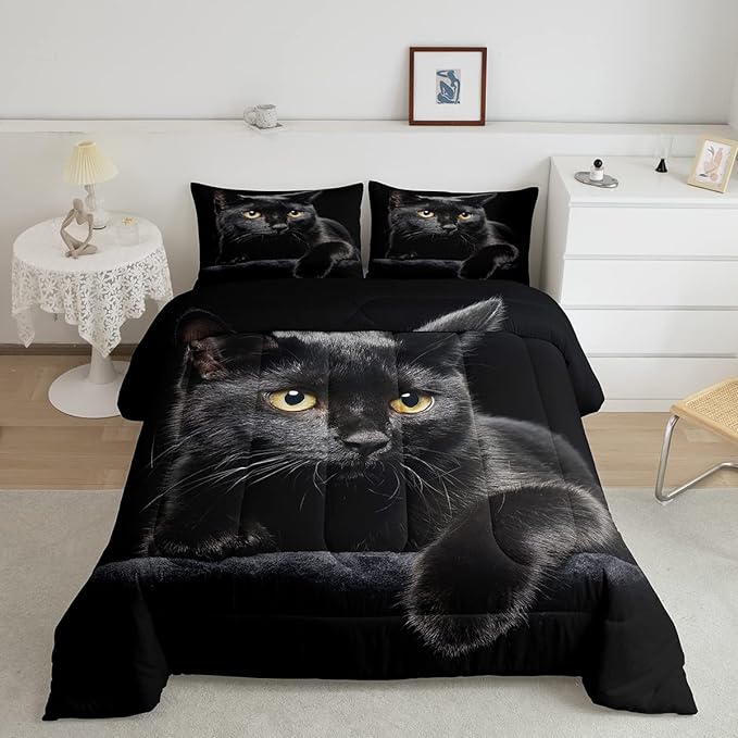 Cat Comforter Bedding Set Twin For Girls Kids,Black Cat Lying On The Black Sofa Pattern Printed Bedding Set,Black Comforter Set,Pet Animal Comforter Soft Breathable Microfiber Quilt With 1 Pillowcase - LeafyLoom