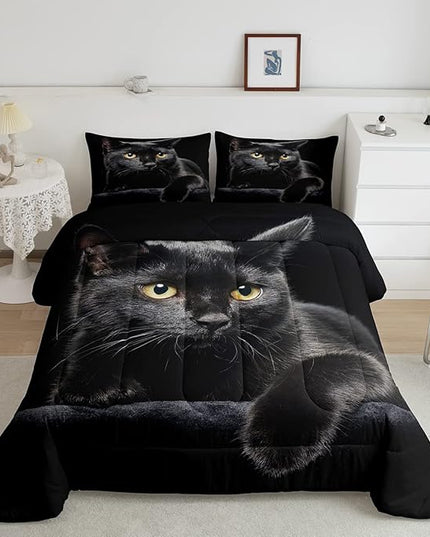 Erosebridal Black Cat Comforter Set Full 3D Cat Duvet Insert for Kids Girls Boys Cat Lover Cute Farmhouse Domestic Pet Animal Bedding Set Cute Cat Down Comforter Soft Warm Quilt Set Bedroom Decor - LeafyLoom