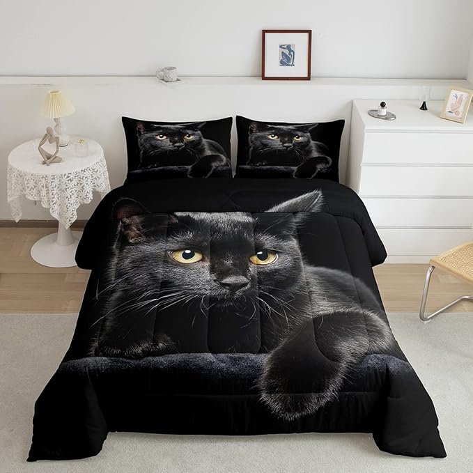 Erosebridal Black Cat Bedding Set Queen Size 3D Cat Comforter Set for Kids Girls Boys Cat Lover Cute Farmhouse Domestic Pet Animal Down Comforter Cute Cat Quilt Set Soft Warm Duvet Set Bedroom Decor - LeafyLoom