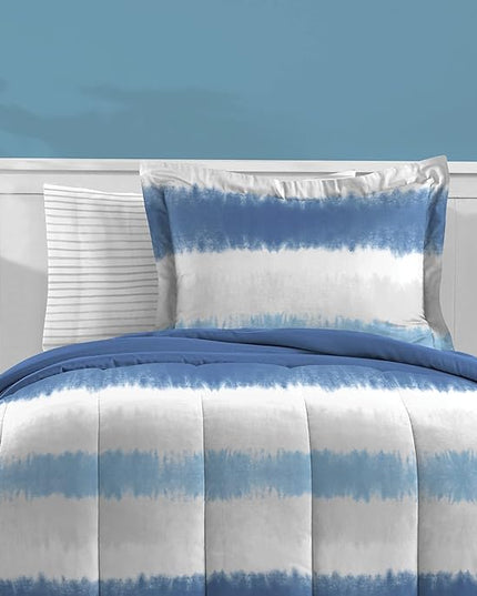 Dream Factory Kids 5-Piece Complete Bed Set Easy-Wash Super Soft Microfiber Comforter Bedding, Twin, Blue Tie Dye Stripe,2D872901BL - LeafyLoom