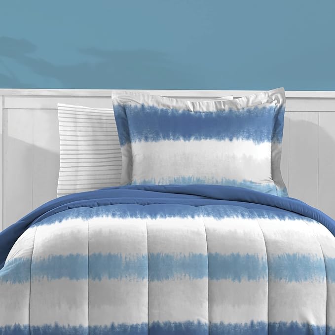Dream Factory Kids 5-Piece Complete Bed Set Easy-Wash Super Soft Microfiber Comforter Bedding, Twin, Blue Tie Dye Stripe,2D872901BL - LeafyLoom