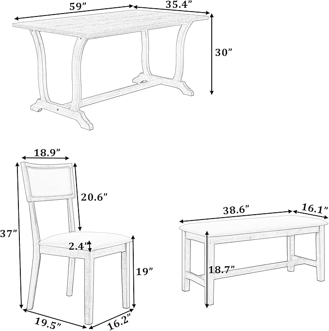 6-Piece Wood Rectangular Dining Table Set with 4 Upholstered Arched Back Chairs and Bench, for Kitchen, Living Room, Farmhouse, Dark Walnut+White, 59" L x 35.4" W x 30" H - LeafyLoom