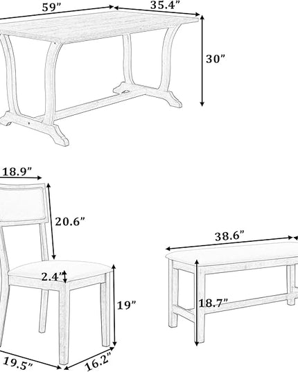 Dining Table Set for 6, Farmhouse 6-Piece Trestle Dining Room Table Set with Upholstered Dining Chairs and Bench, Kitchen Table Set for Dining Room, Brown+Beige - LeafyLoom