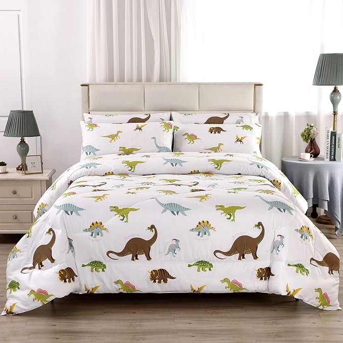 MAG 3Pcs Dinosaur Bedding Comforter Set, Dino White Base Full/Queen Comforter Set,for Toddlers Kids,Boys Teens and Girls,Super Soft Microfiber, Full/Queen Size (1 Comforter + 2 Pillowcases) - LeafyLoom