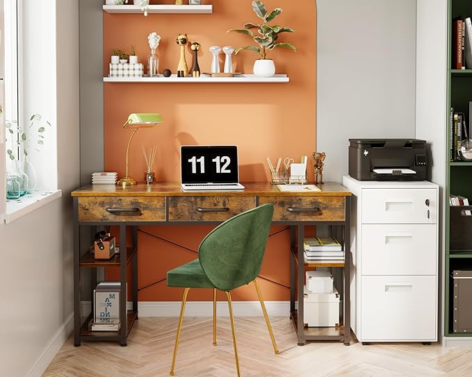 ODK Office Small Computer Desk: Home Table with Fabric Drawers & Storage Shelves, Modern Writing Desk, Vintage, 48"x16" - LeafyLoom