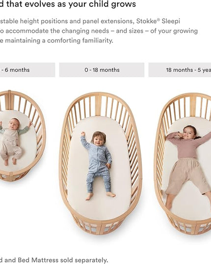 Stokke Sleepi Mini Bundle, White - includes Crib/Bed, Mattress & Drape Rod - Suitable for Ages 0-5 Years Old - Adjustable & Stylish - LeafyLoom